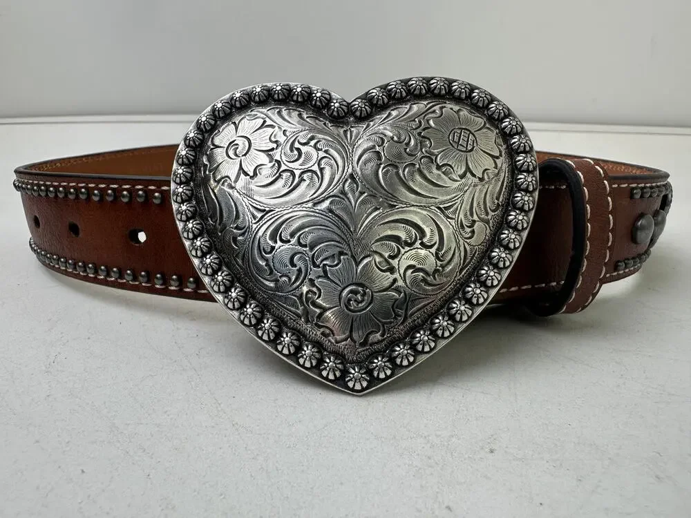 Ariat Western Brown Leather Belt W/ Silver Heart Buckle Children's Sz 24